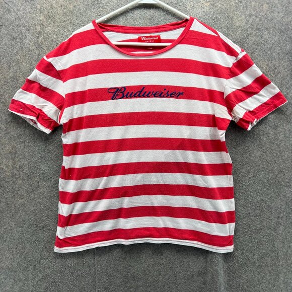 Budweiser PacSun Shirt Women Small Red White Striped Crewneck Embroidered Logo T - Picture 1 of 11